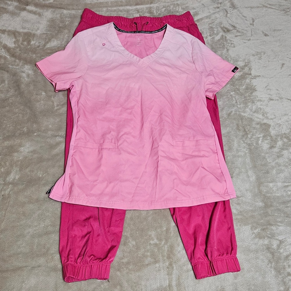 Womens Pink Scrub Set Pink Fade Top Medium Jogger Pants Large Petite